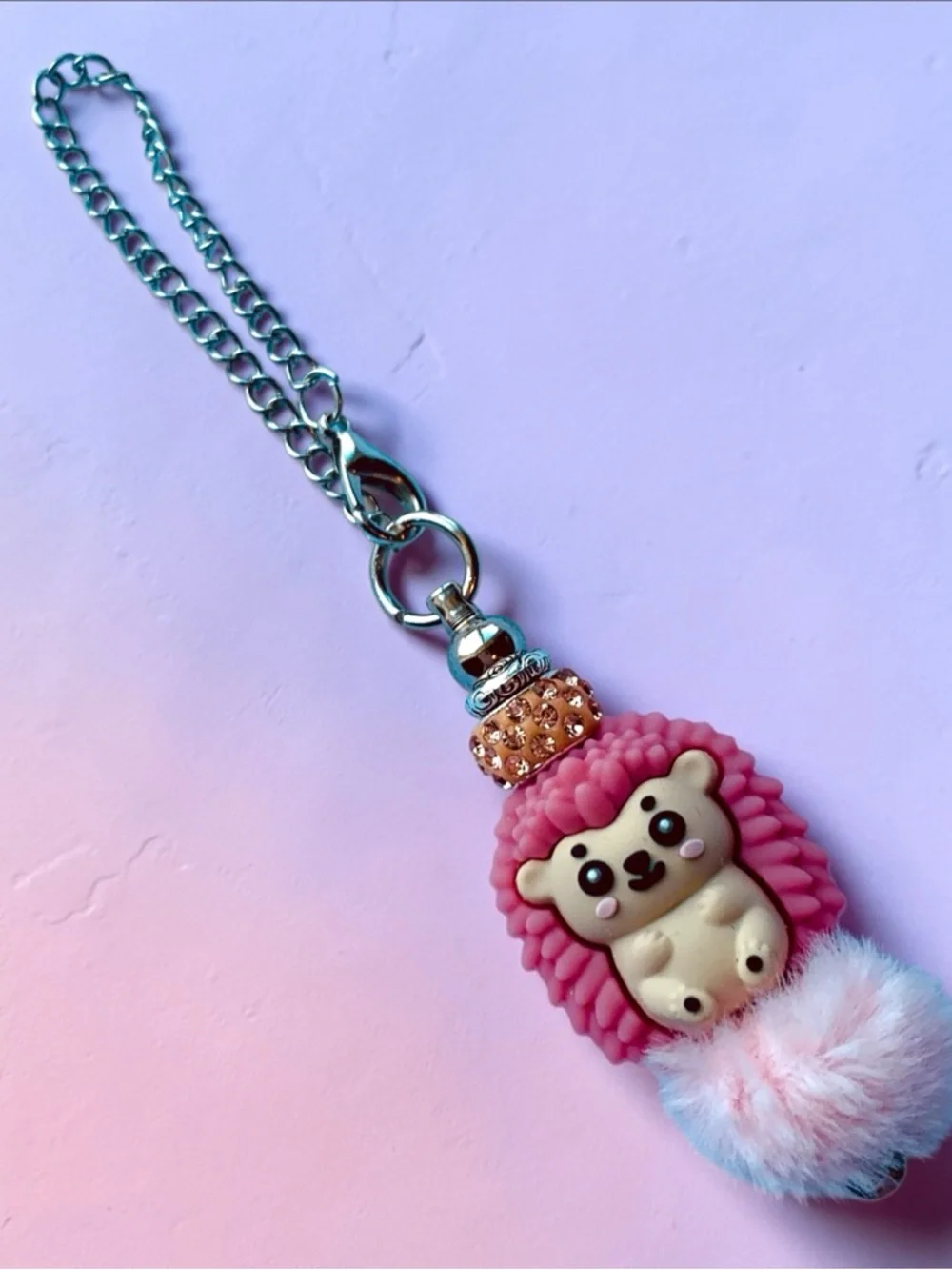Pink Hedgehog Pom Keychain, Cup charm, bag charm, or ? Handmade